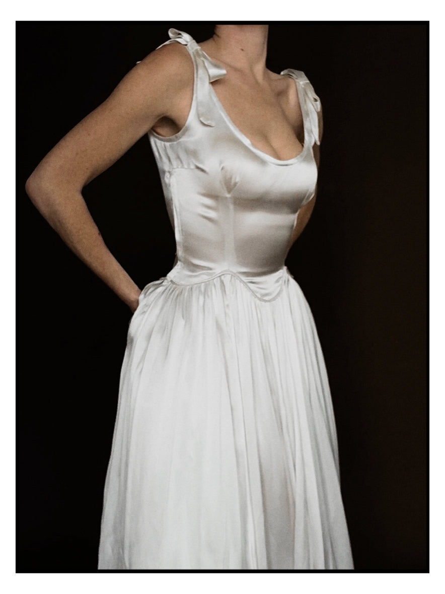 1940s Scalloped Basque Bow Gown