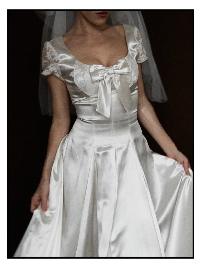 1950s Liquid Silk & Lace Bow Gown