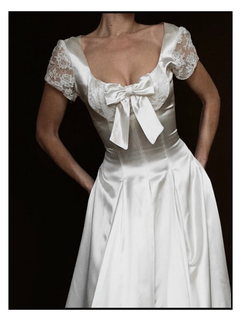 1950s Liquid Silk & Lace Bow Gown