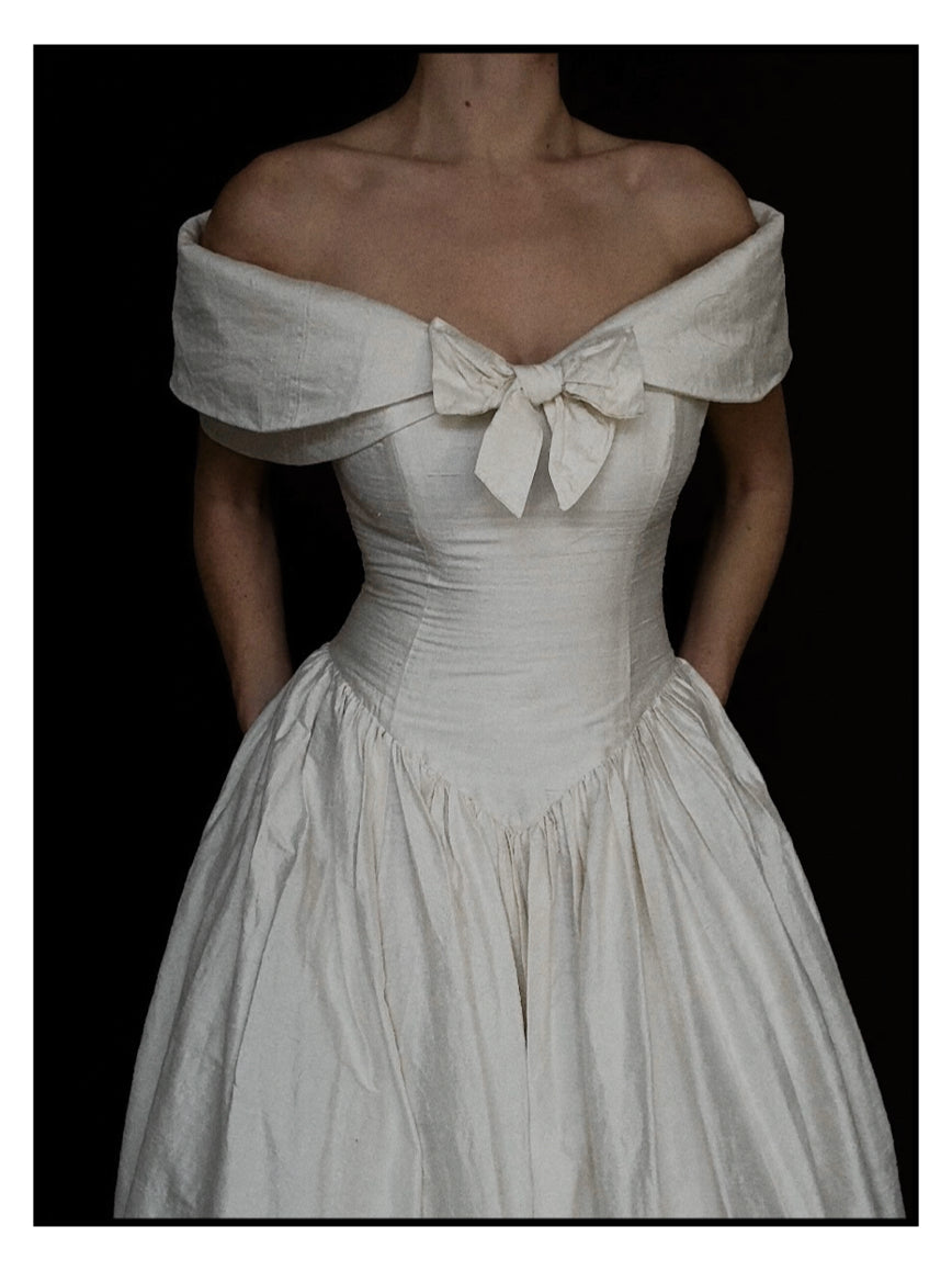 1980s Silk Off-The-Shoulder Bow Gown