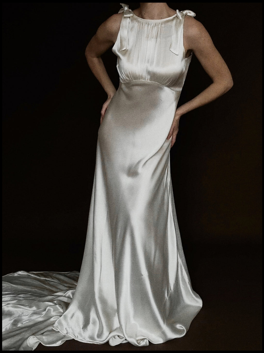 1930s Satin Backless Shirred High Neck Bow Gown