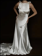 1930s Satin Backless Shirred High Neck Bow Gown