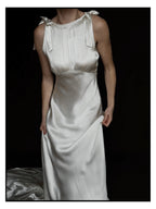 1930s Satin Backless Shirred High Neck Bow Gown