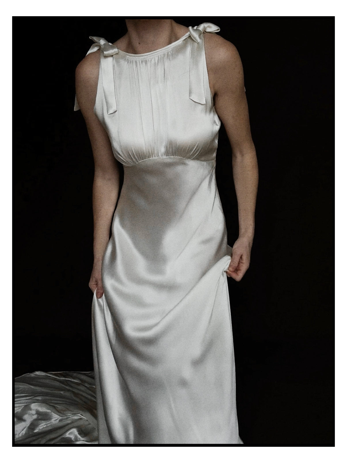 1930s Satin Backless Shirred High Neck Bow Gown