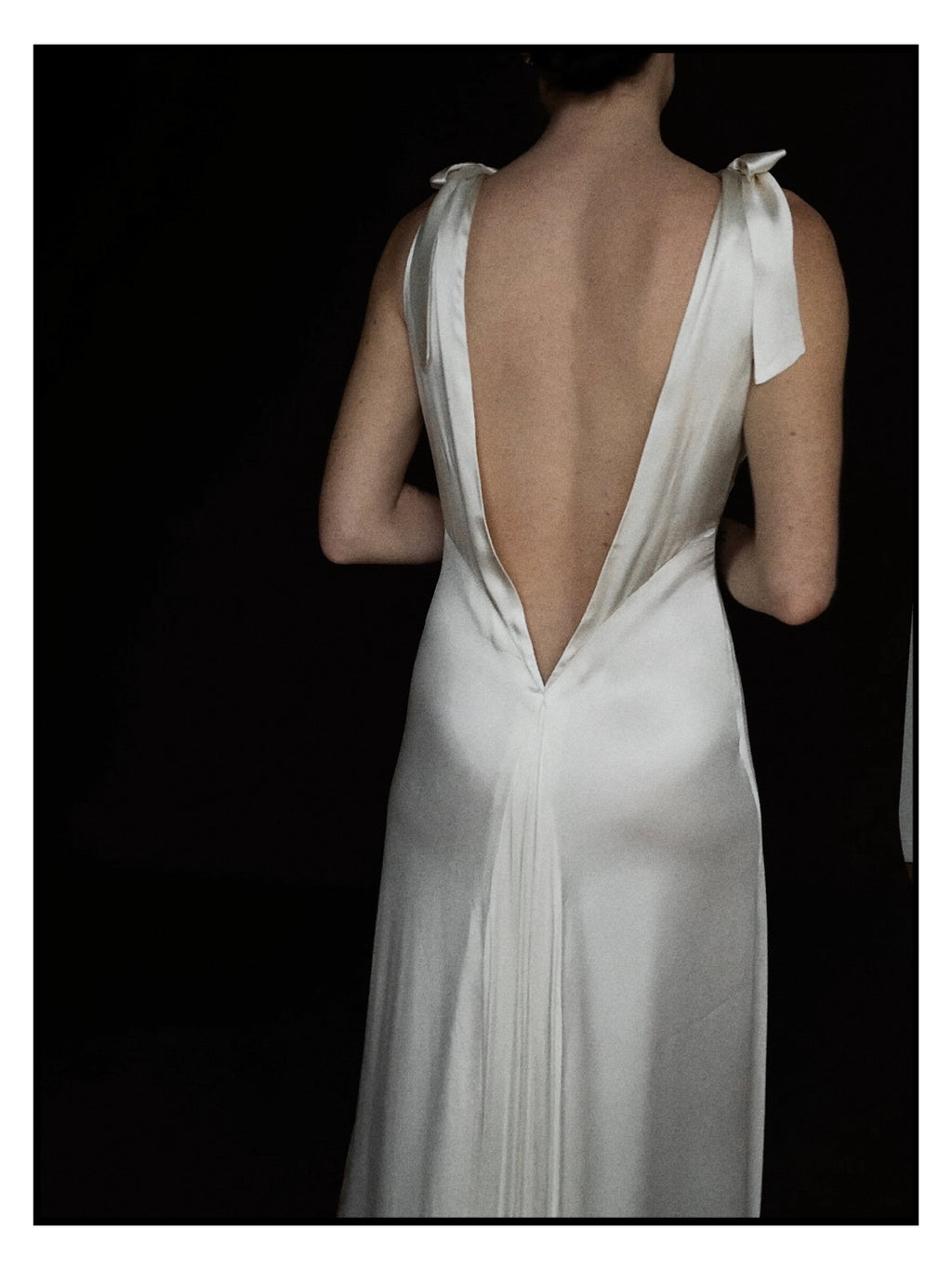 1930s Satin Backless Shirred High Neck Bow Gown