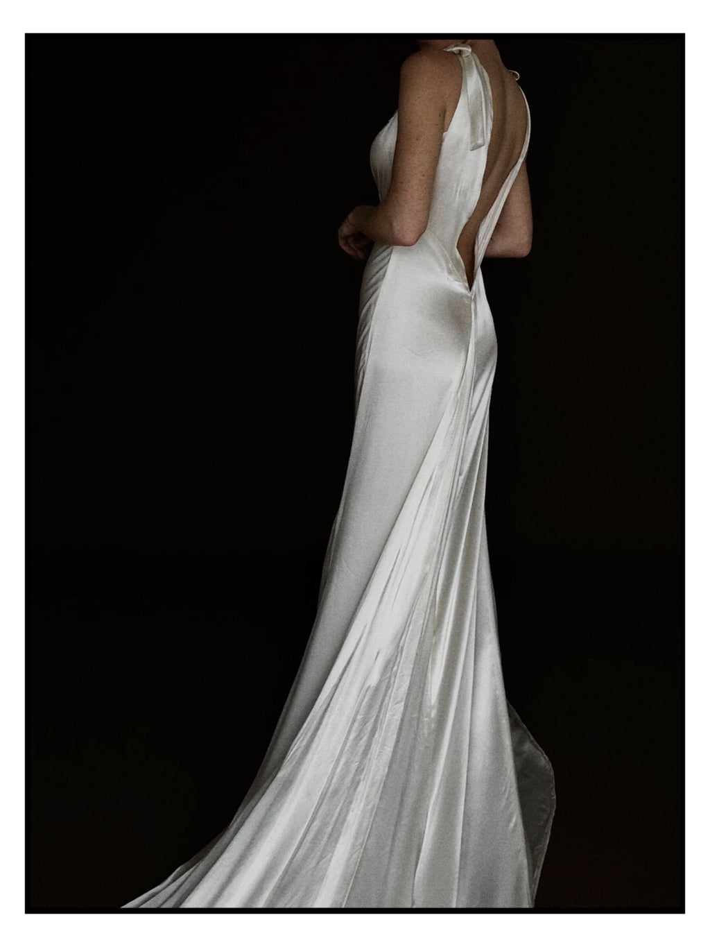 1930s Satin Backless Shirred High Neck Bow Gown