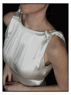 1930s Satin Backless Shirred High Neck Bow Gown