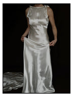 1930s Satin Backless Shirred High Neck Bow Gown