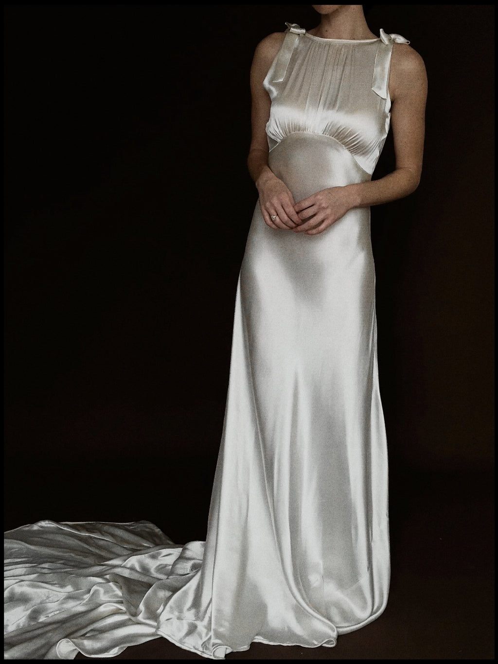 1930s Satin Backless Shirred High Neck Bow Gown