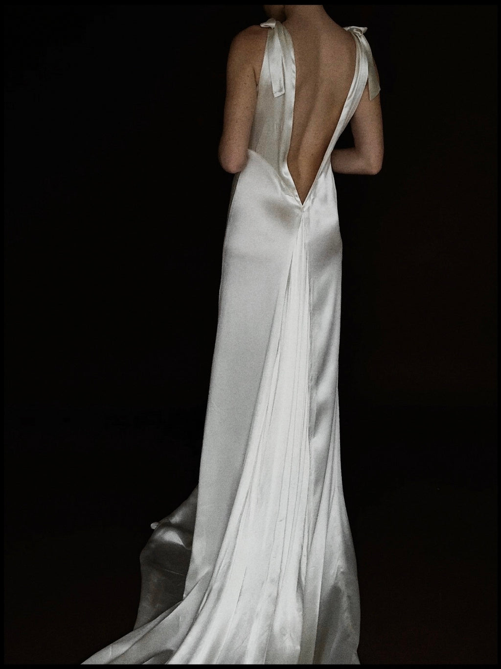 1930s Satin Backless Shirred High Neck Bow Gown