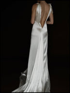 1930s Satin Backless Shirred High Neck Bow Gown