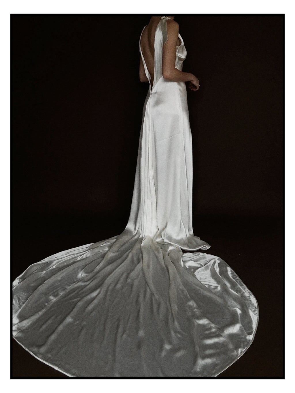 1930s Satin Backless Shirred High Neck Bow Gown