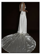1930s Satin Backless Shirred High Neck Bow Gown