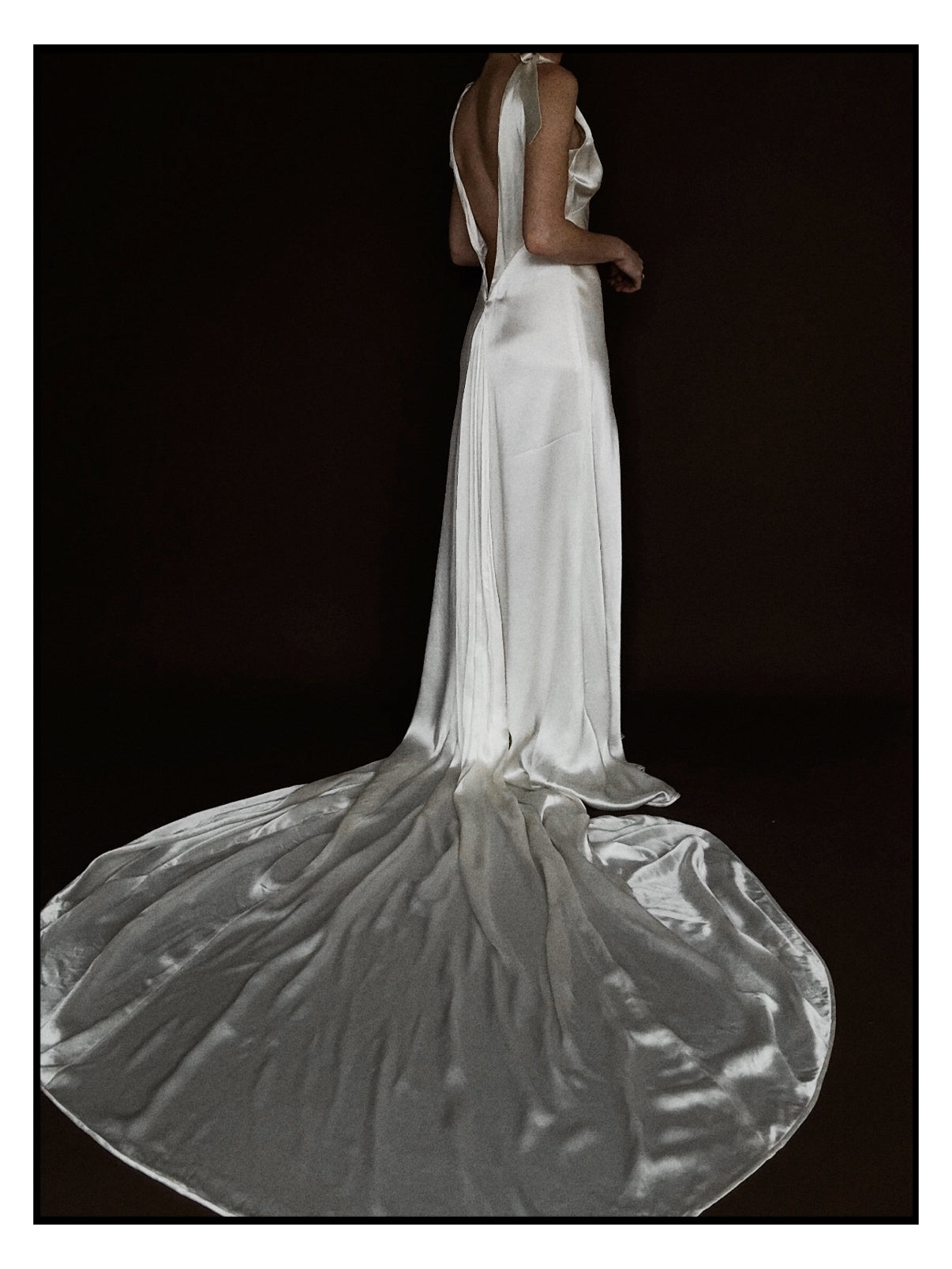 1930s Satin Backless Shirred High Neck Bow Gown