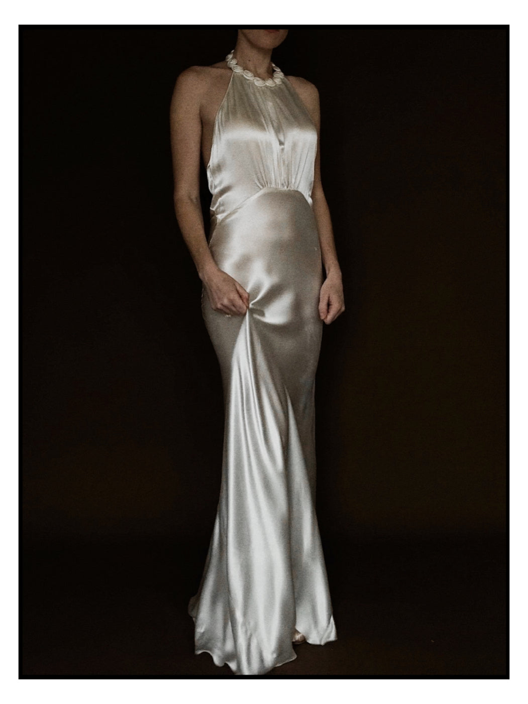 1930s Satin Backless Spiral Halter Gown