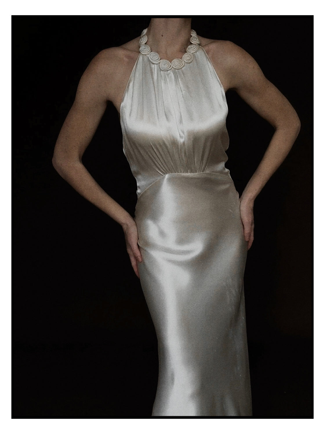 1930s Satin Backless Spiral Halter Gown