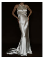 1930s Satin Backless Spiral Halter Gown