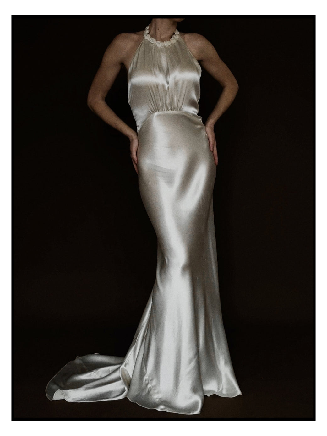 1930s Satin Backless Spiral Halter Gown