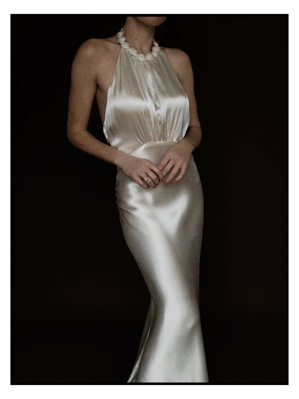 1930s Satin Backless Spiral Halter Gown