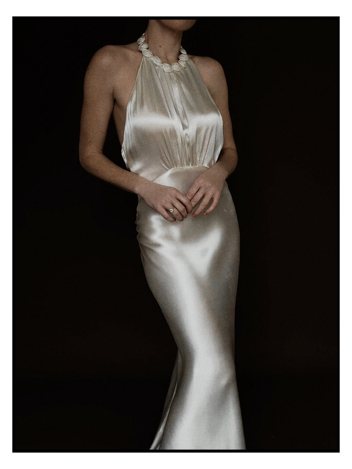 1930s Satin Backless Spiral Halter Gown