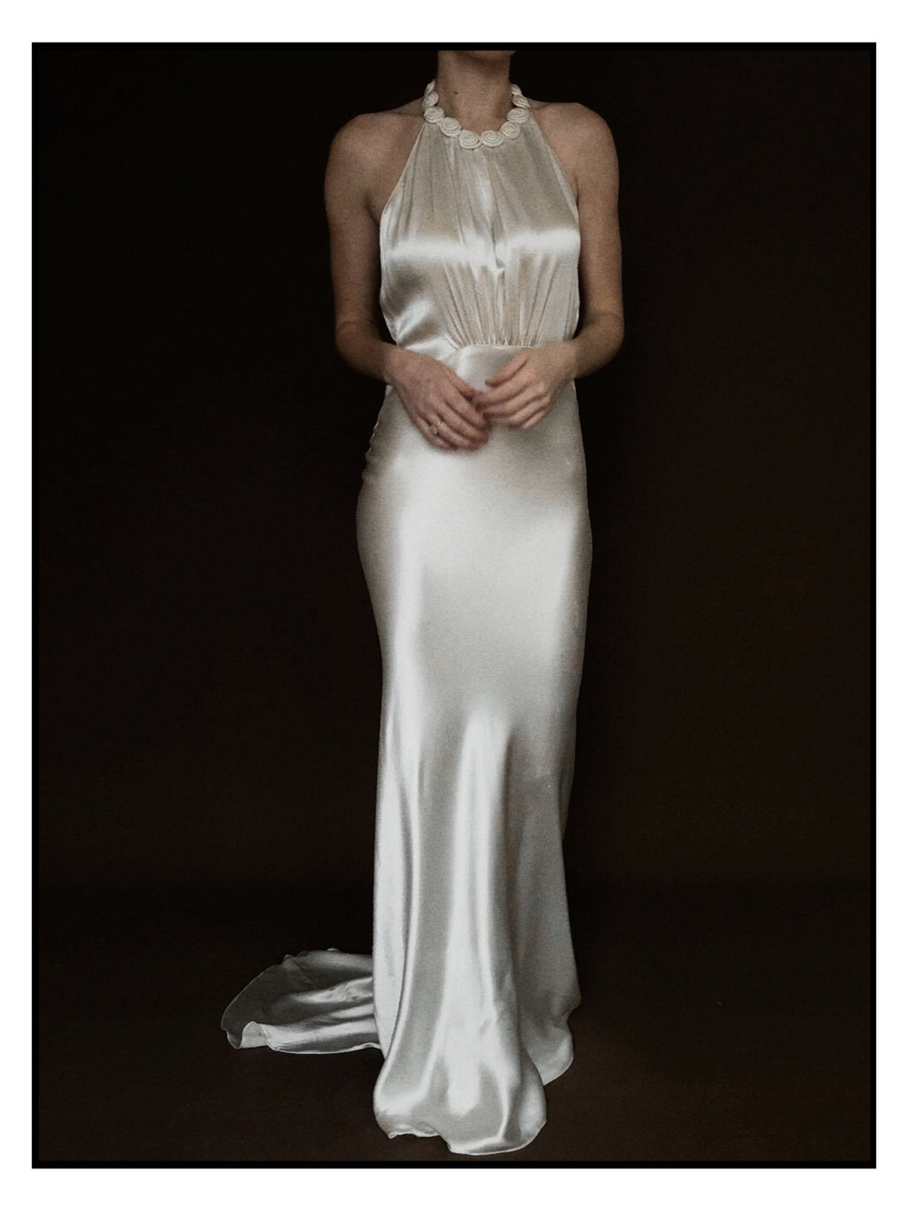1930s Satin Backless Spiral Halter Gown