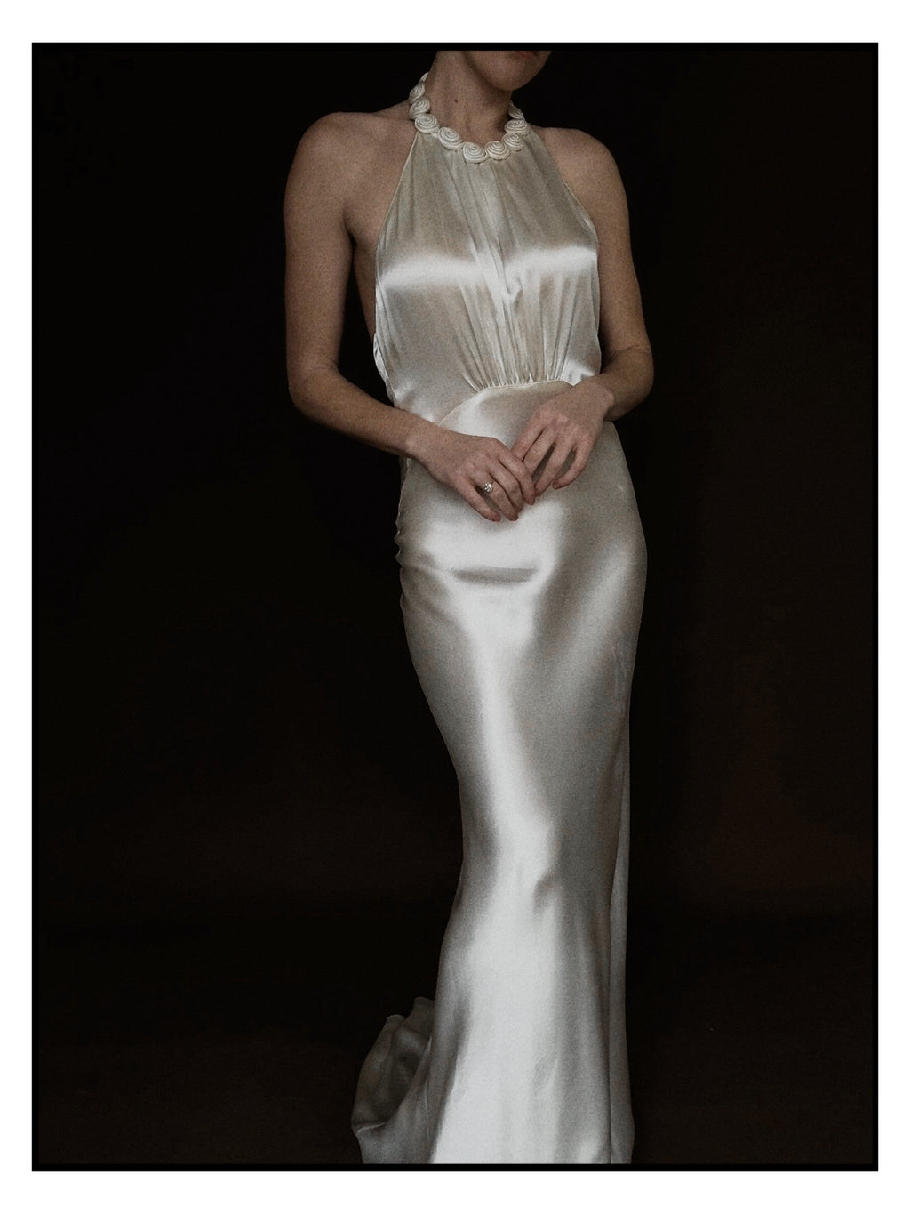 1930s Satin Backless Spiral Halter Gown