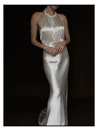1930s Satin Backless Spiral Halter Gown
