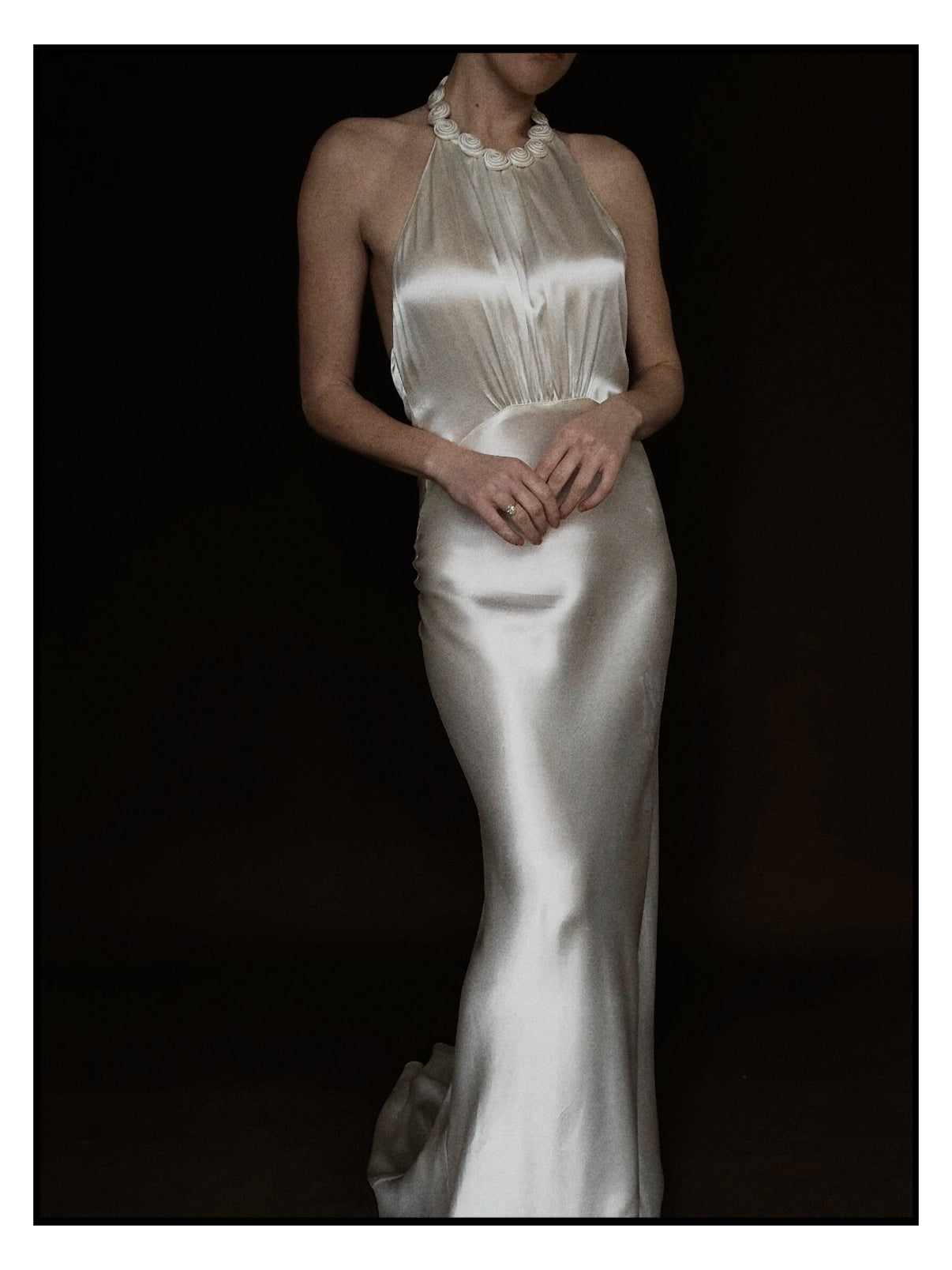 1930s Satin Backless Spiral Halter Gown