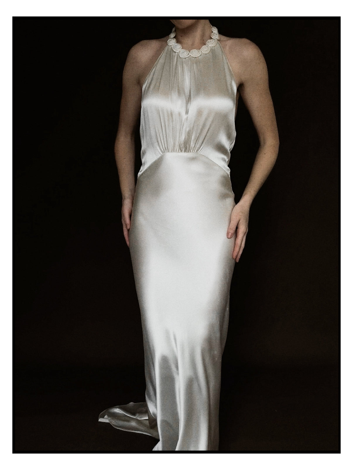 1930s Satin Backless Spiral Halter Gown