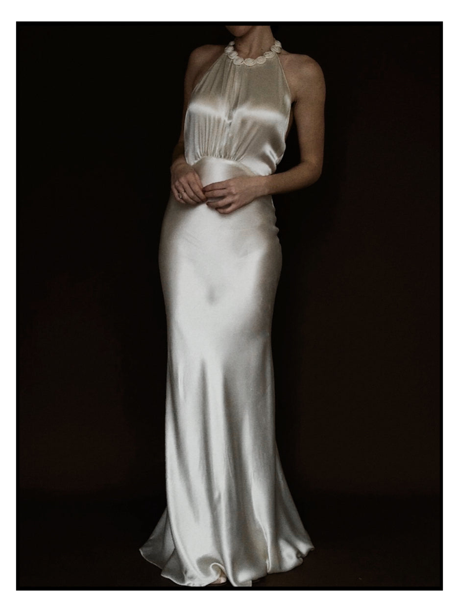 1930s Satin Backless Spiral Halter Gown