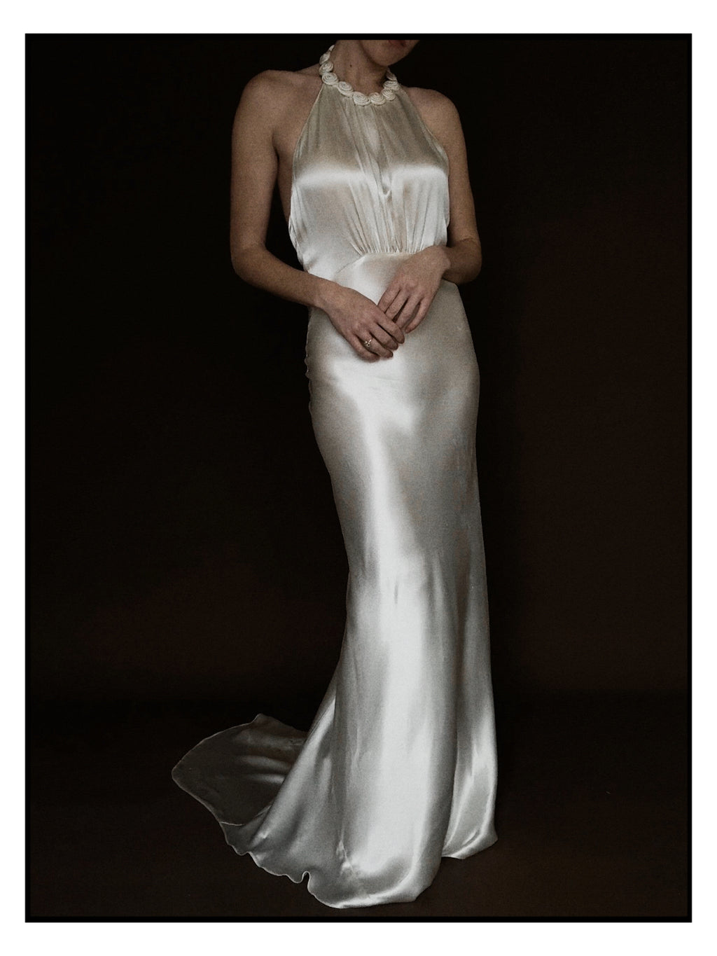 1930s Satin Backless Spiral Halter Gown