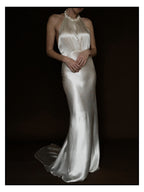 1930s Satin Backless Spiral Halter Gown