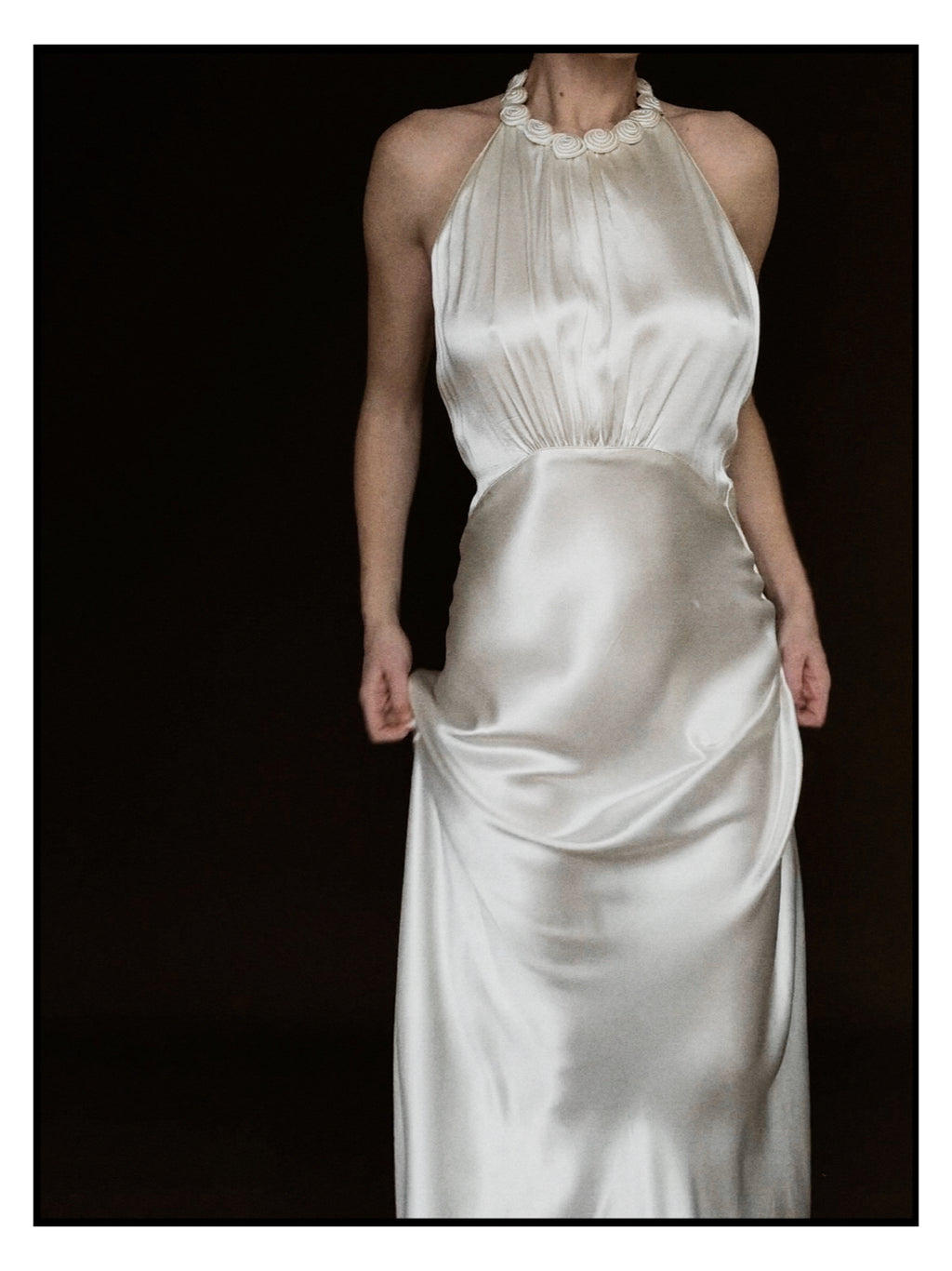 1930s Satin Backless Spiral Halter Gown
