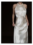 1930s Satin Backless Spiral Halter Gown