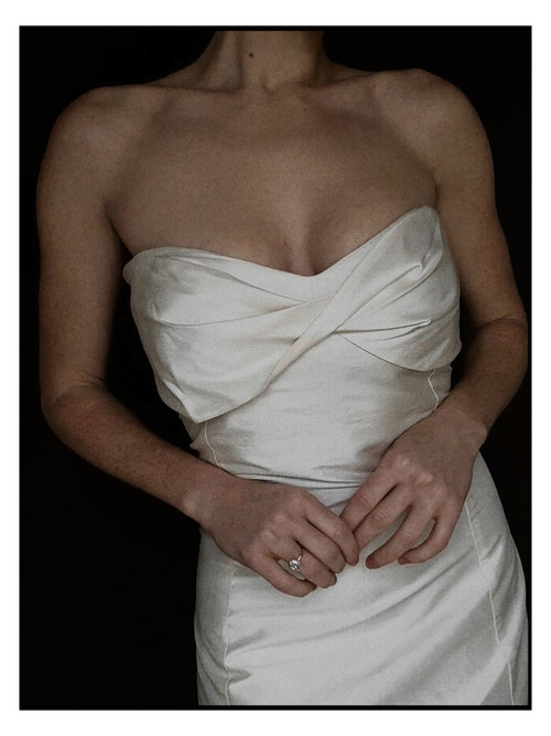 1990s Italian Deadstock Silk Shantung Strapless Midi with Sash Back