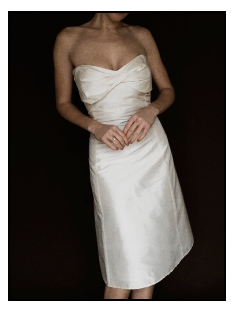 1990s Italian Deadstock Silk Shantung Strapless Midi with Sash Back