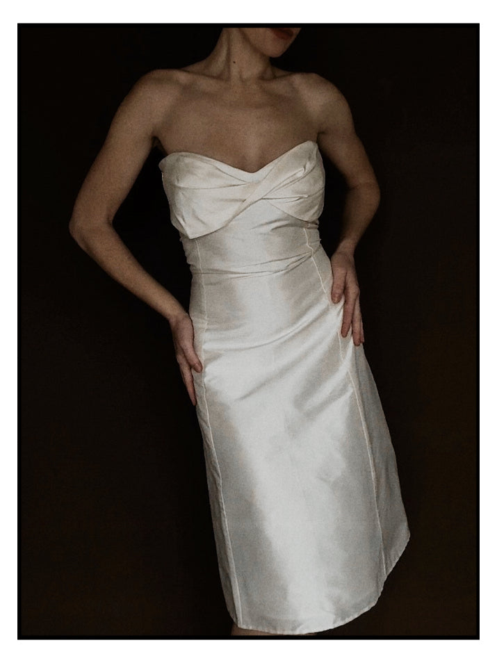 1990s Italian Deadstock Silk Shantung Strapless Midi with Sash Back