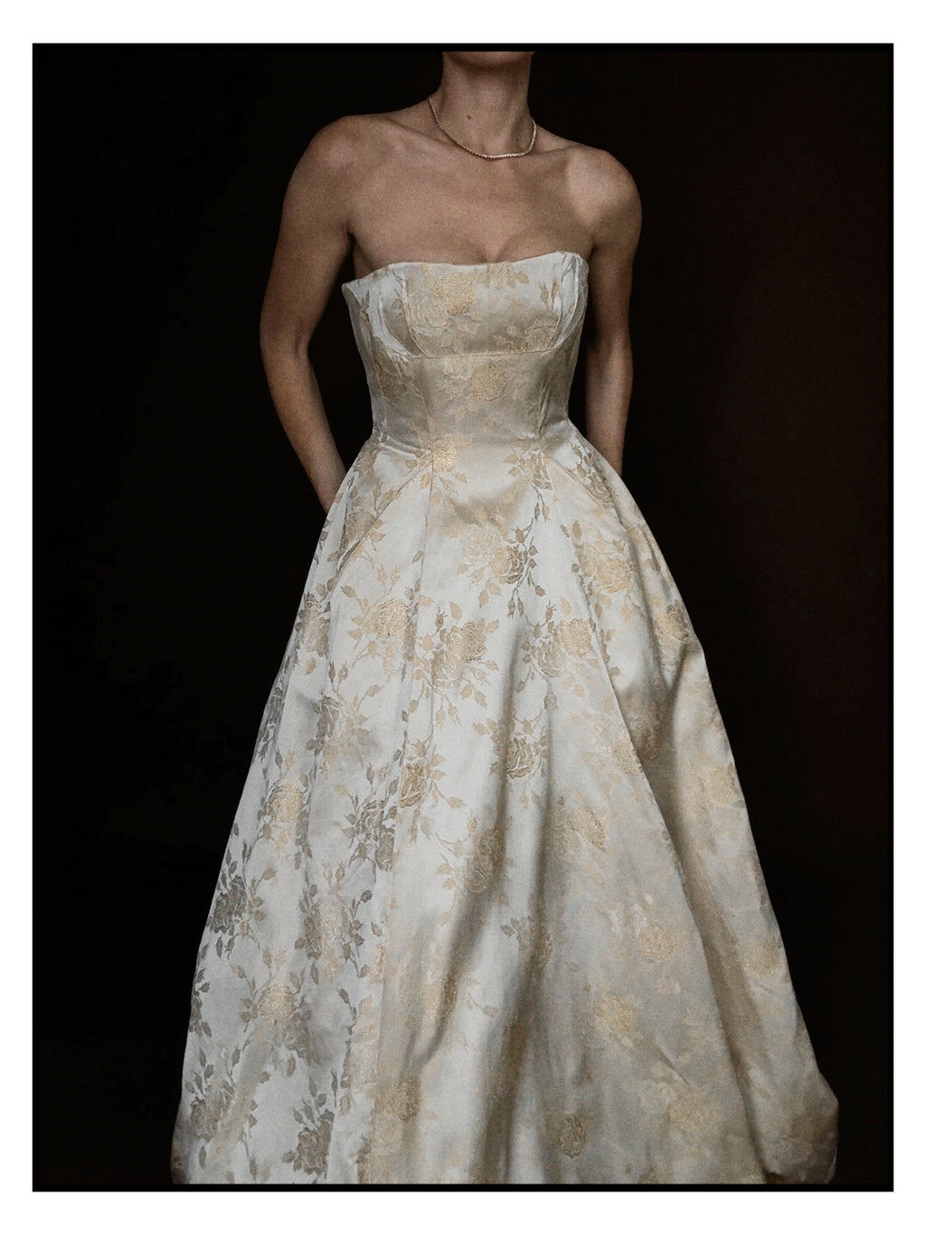 1950s Cream Floral Brocade Strapless Corset Gown