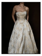 1950s Cream Floral Brocade Strapless Corset Gown
