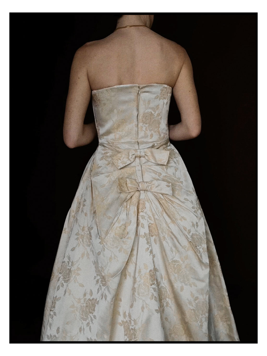 1950s Cream Floral Brocade Strapless Corset Gown