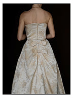 1950s Cream Floral Brocade Strapless Corset Gown
