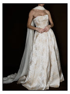 1950s Cream Floral Brocade Strapless Corset Gown