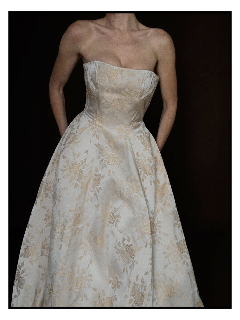 1950s Cream Floral Brocade Strapless Corset Gown