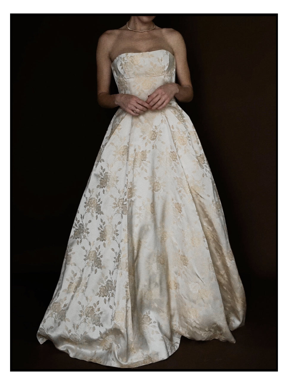 1950s Cream Floral Brocade Strapless Corset Gown