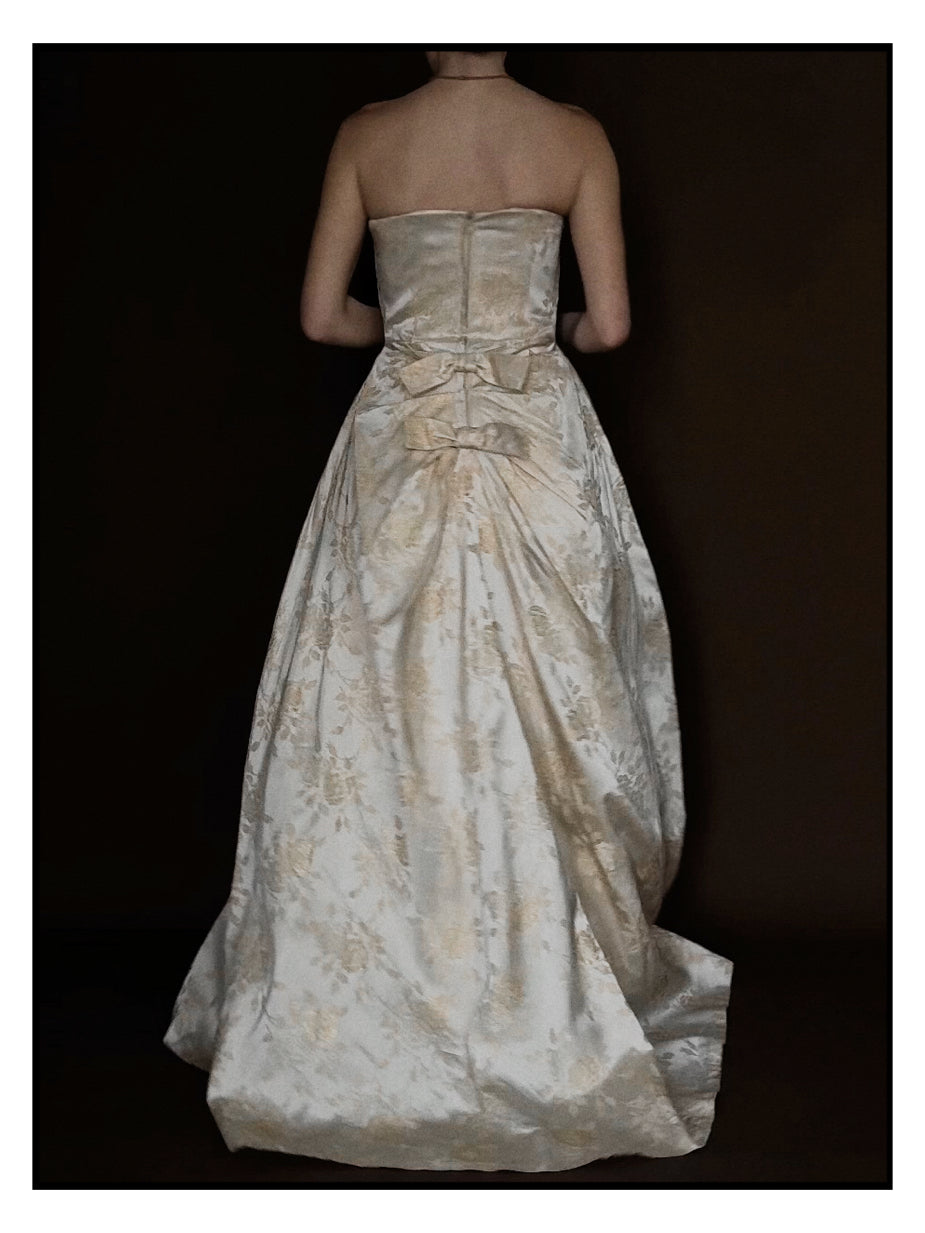 1950s Cream Floral Brocade Strapless Corset Gown