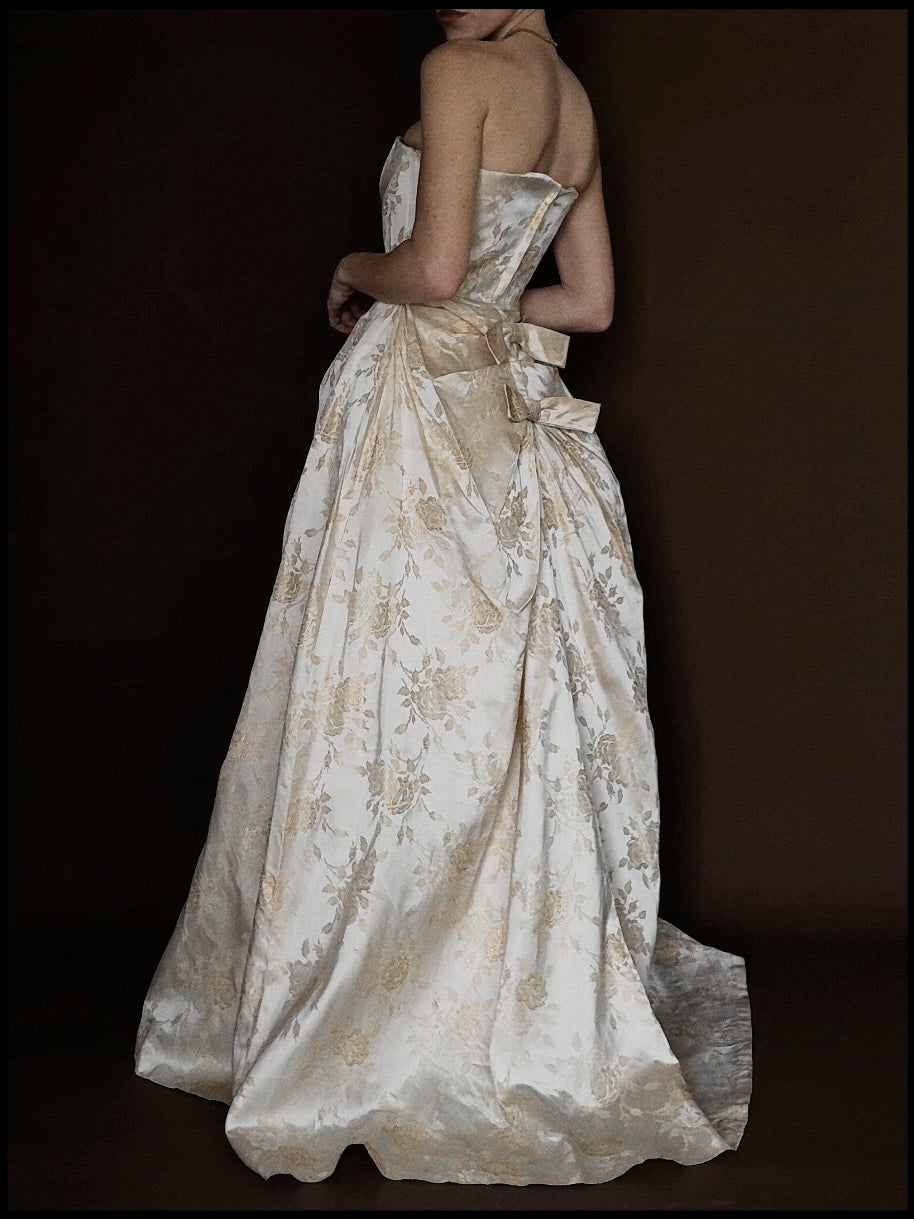 1950s Cream Floral Brocade Strapless Corset Gown