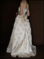 1950s Cream Floral Brocade Strapless Corset Gown