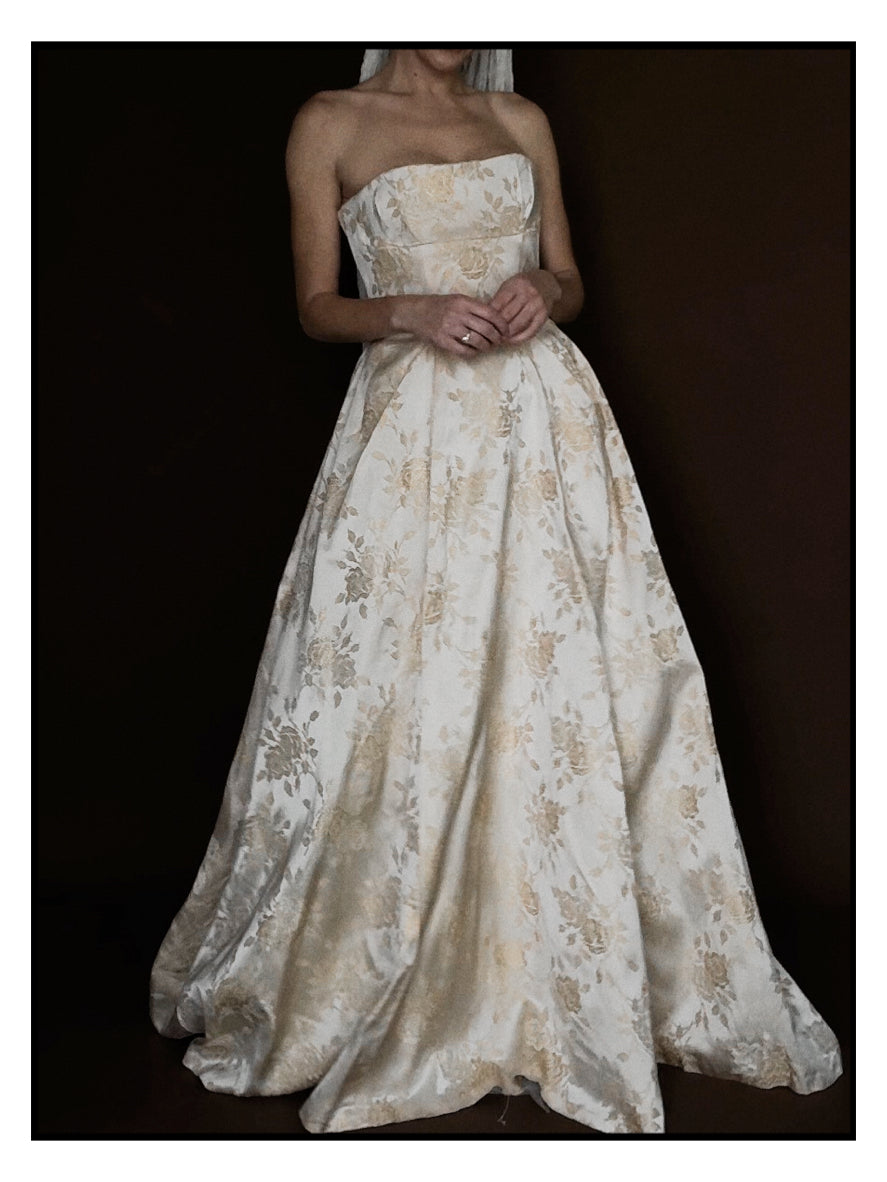 1950s Cream Floral Brocade Strapless Corset Gown