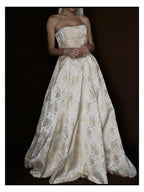 1950s Cream Floral Brocade Strapless Corset Gown