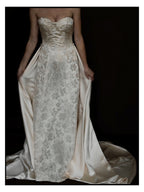 1940s Floral Brocade Sweetheart Gown with Detachable Train
